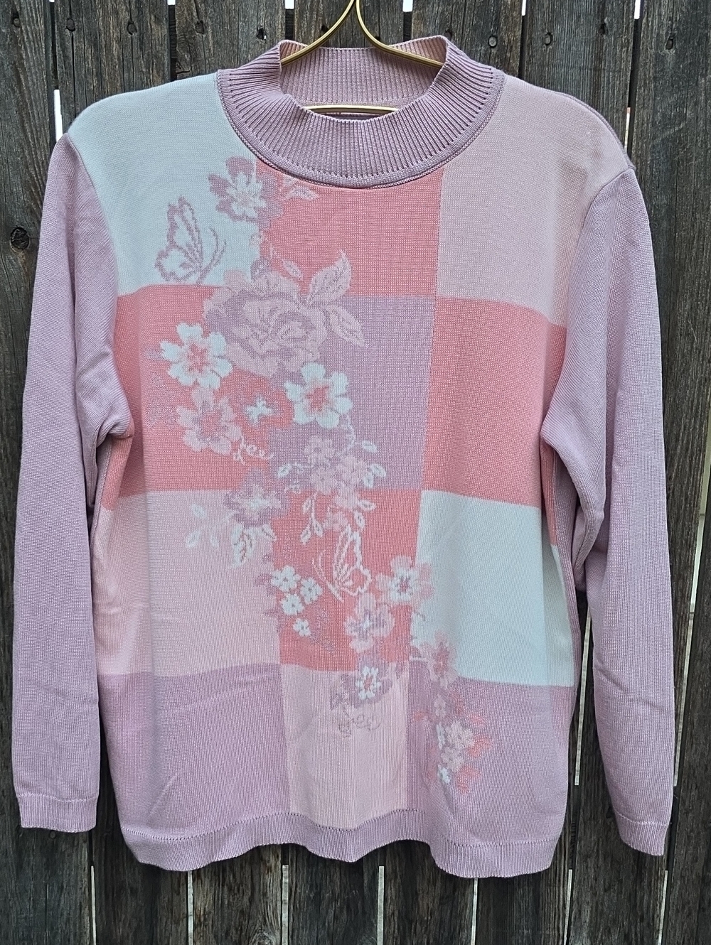 Alfred Dunner Vintage Pink Cream Floral Block-Print Sweater Grandmacore USA Made